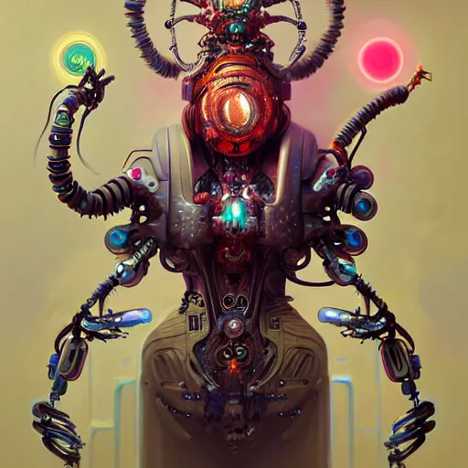 Image similar to biomechanical spider king, cyberpunk, bionics, augments, lights, cables, elegant gleaming intricate baroque jewellery, colorful, vivid, imposing, epic, digital painting, artstation, concept art, by peter mohrbacher and wlop and rhads,