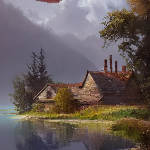 Image similar to a house by the lake painted by greg rutkowski