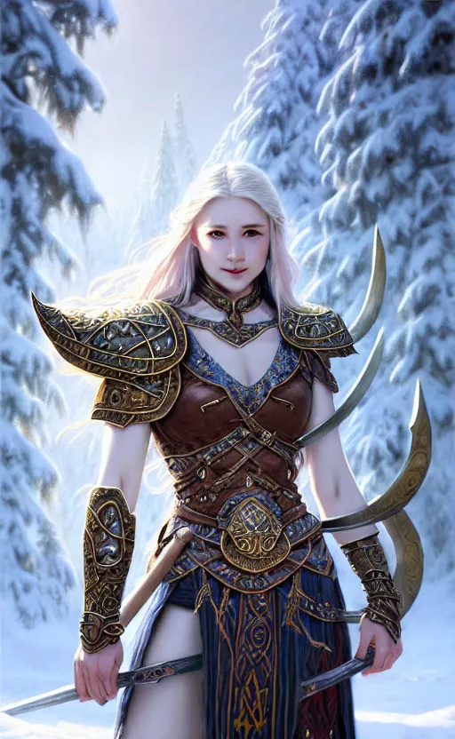 Image similar to opal viking warrior, regal, elegant, winter, snow, beautiful, stunning, hd, illustration, epic, d & d, fantasy, intricate, elegant, highly detailed, wide angle, digital painting, artstation, concept art, smooth, sharp focus, illustration, wallpaper, art by artgerm and greg rutkowski and alphonse mucha and jin xiaodi