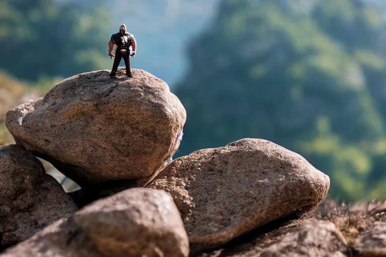 Prompt: film still of the rock in a rock costume, 4 k bokeh