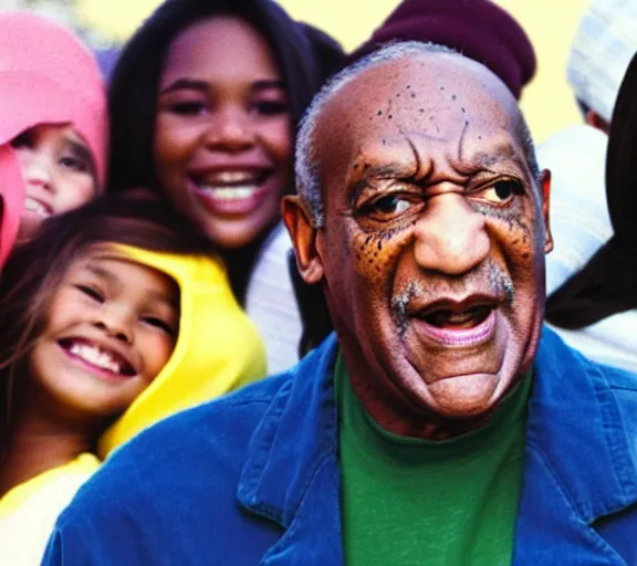 Image similar to color film still of actor Bill Cosby with an evil grin and licking lips while surrounded by a group of young beautiful women laughing at the mall in the year 2020