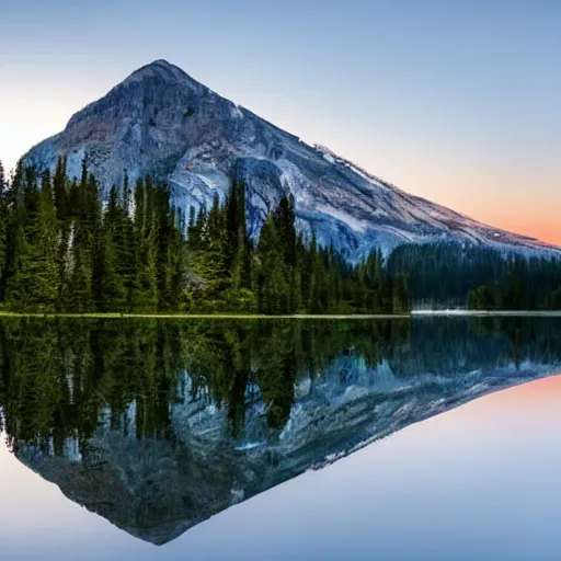 Image similar to there is a single rock hovering above a clear blue lake in a clearing in the middle of an evergreen forest at dawn