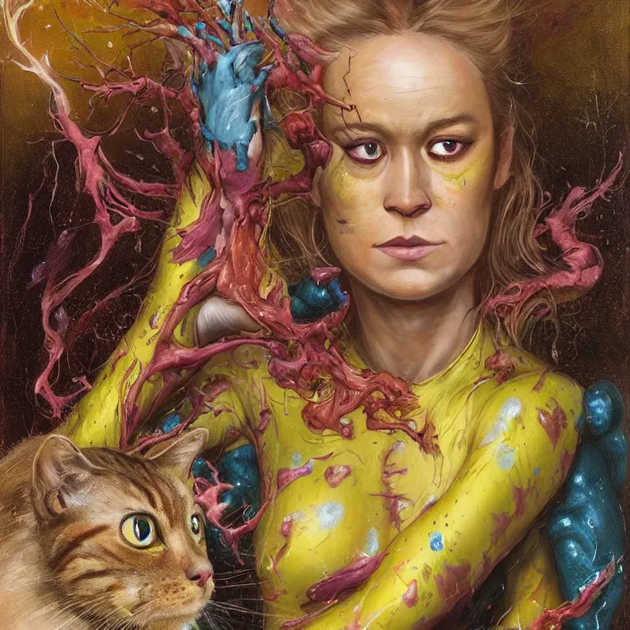 Image similar to a portrait photograph of brie larson as a brightly colored cat hybrid super hero witch with wet mutated scaled skin. wearing a infected transparant organic catsuit. by tom bagshaw, donato giancola, hans holbein, walton ford, gaston bussiere, peter mohrbacher, brian froud and iris van herpen. 8 k, cgsociety