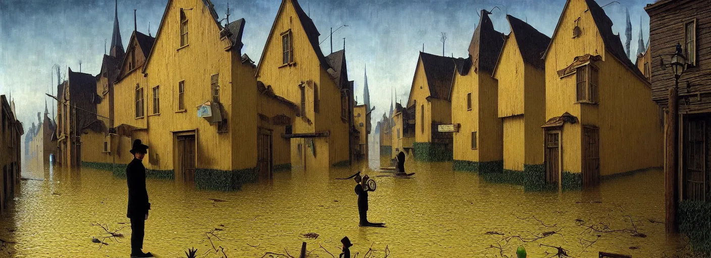 Image similar to flooded! old wooden empty cursed city street, very coherent and colorful high contrast masterpiece by franz sedlacek rene magritte gediminas pranckevicius norman rockwell, full - length view, dark shadows, sunny day, hard lighting, reference sheet white background