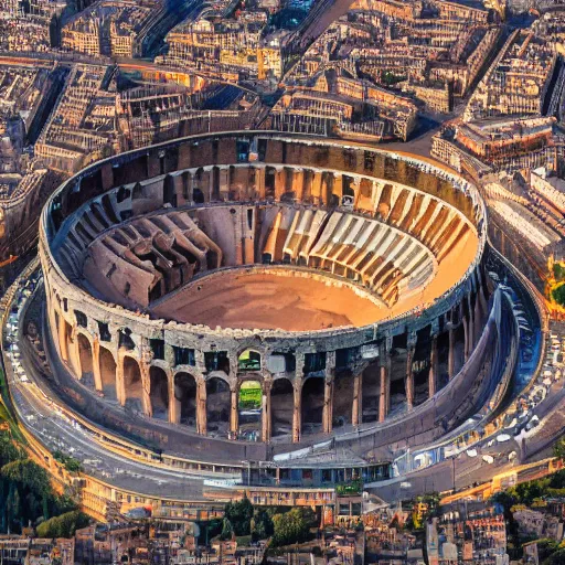 Prompt: the roman colosseum designed by zaha hadid, overhead view, golden hour, 4K Photograph