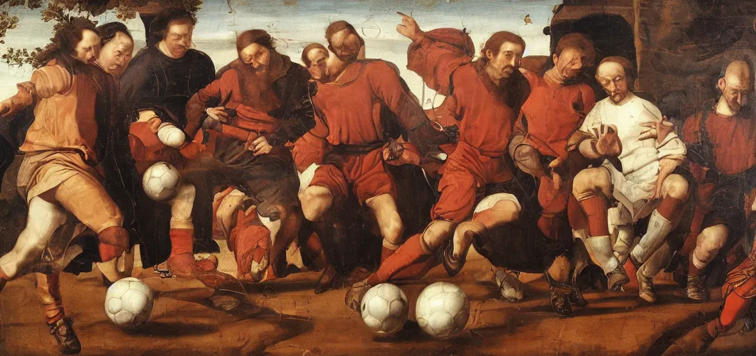 Image similar to Renaissance oil portrait of men inventing a soccer ball, one man is eating the ball, high-quality realistic oil painting with detailed strokes, robed Renaissance scholar,