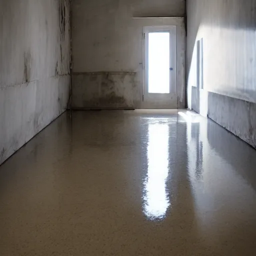 Prompt: liminal space, unknown location, submerged in water, clean, stucco walls, shiny floors