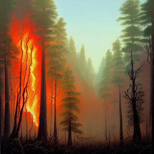 Image similar to a painting of a fire in a forest, a matte painting by Jeffrey Smith, deviantart, fantasy art, apocalypse landscape, apocalypse art, airbrush art