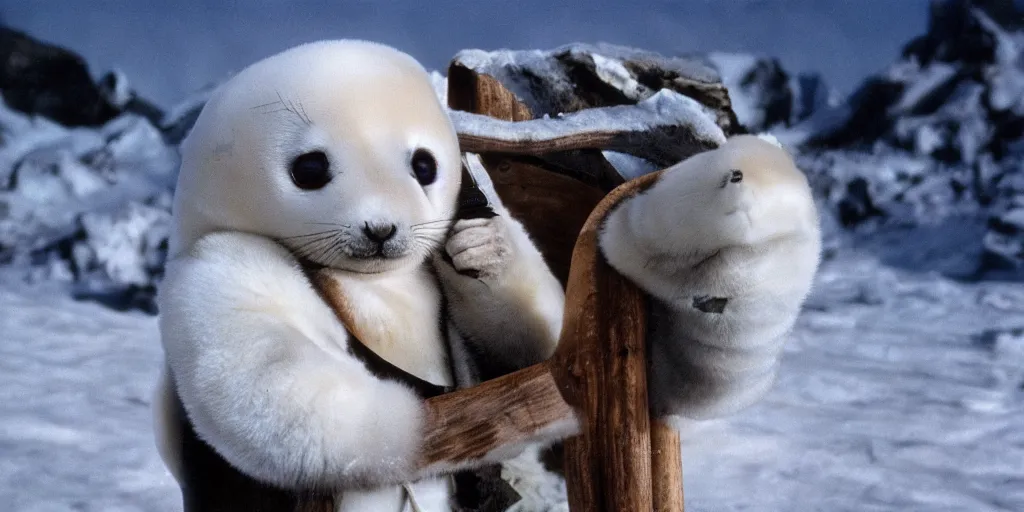 Image similar to a baby harp seal dressed as geralt from the witcher, film still
