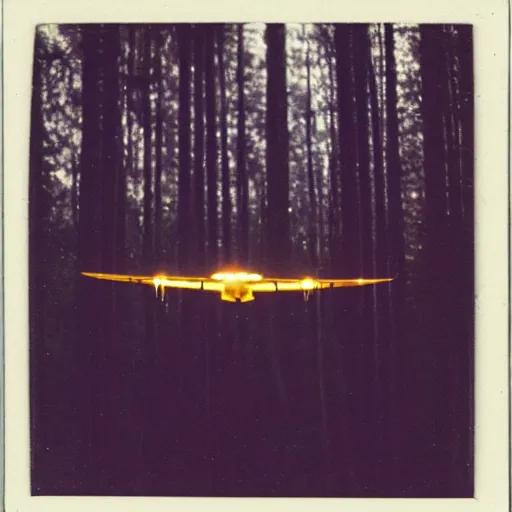 Image similar to a sleek round aircraft with glowing lights flying over a forest at night, old polaroid, expired film,