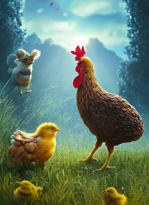 Image similar to a hen and her two cute small yellow chicks on a meadow, mama movie poster by nuri iyem, james gurney, james jean, greg rutkowski, anato finnstark. pixar. hyper detailed, 5 0 mm, award winning photography,