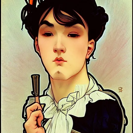 Prompt: full body painting of grumpy handsome thin beautiful young man in his 2 0 s named min - jun in a french female maid outfit, modern clothing, elegant, clear, painting, stylized, sharp facial features, soft but grumpy, highly detailed, art, art by alphonse mucha