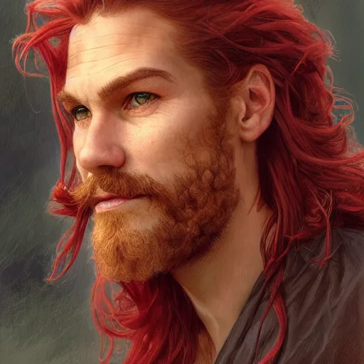 Prompt: portrait of a young ruggedly handsome but joyful pirate, male, masculine, soft hair, upper body, red crimson crimson hair, long flowing hair, fantasy, wide smirk, intricate, elegant, highly detailed, digital painting, artstation, concept art, matte, sharp focus, illustration, art by artgerm and greg rutkowski and alphonse mucha