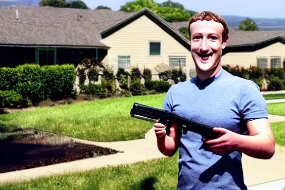 Image similar to a photo of mark zuckerberg smiling with an ak - 4 7 in a suburban neighborhood