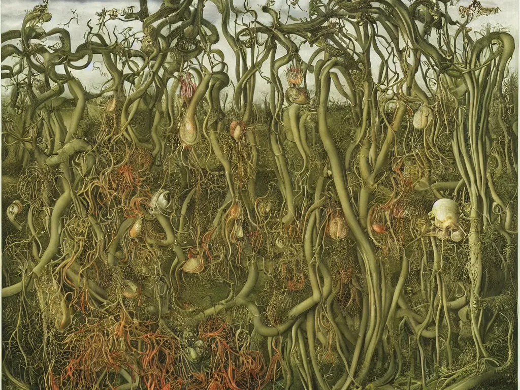 Image similar to Artist lost among carnivorous plants. Thunderstorm afar. Painting by Lucas Cranach, Walton Ford