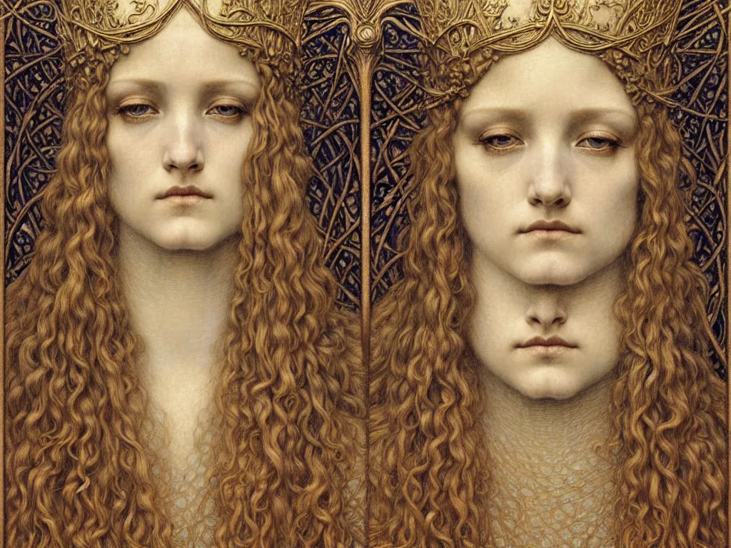 Image similar to detailed realistic beautiful young medieval queen face portrait by jean delville, gustave dore and marco mazzoni, art nouveau, symbolist, visionary, gothic, pre - raphaelite. horizontal symmetry