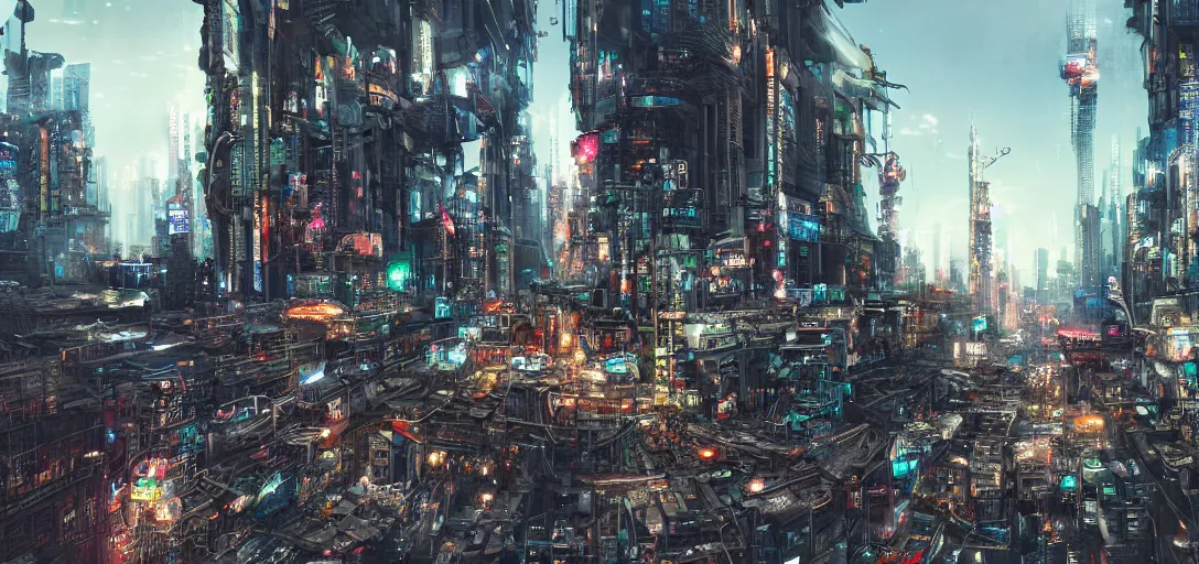 Image similar to upcycled city landscape, cyberpunk, cinematic shot, hyper realistic, hyper detailed