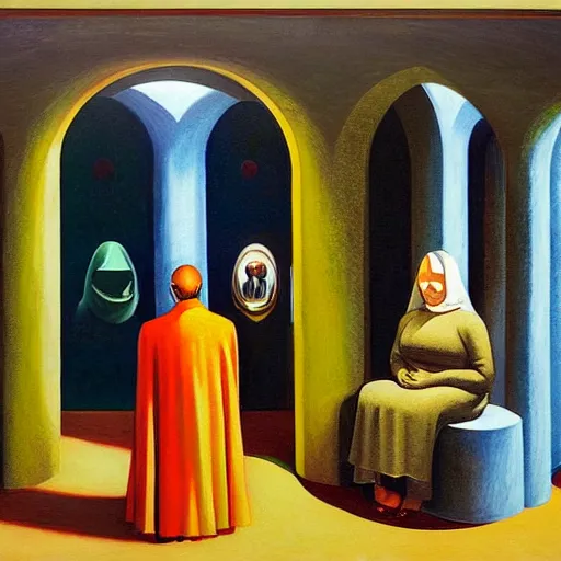 Image similar to three holy robotic seers watchers oracles soothsayers inside a dome, pj crook, grant wood, edward hopper, syd mead, oil on canvas