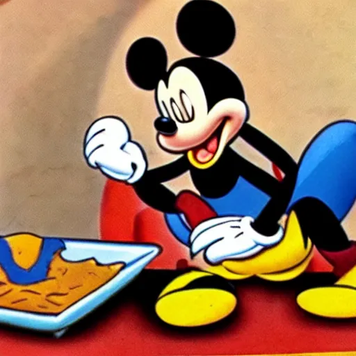 Image similar to film still from 1940s Mickey Mouse Cartoon. Mickey Mouse eating matzah.