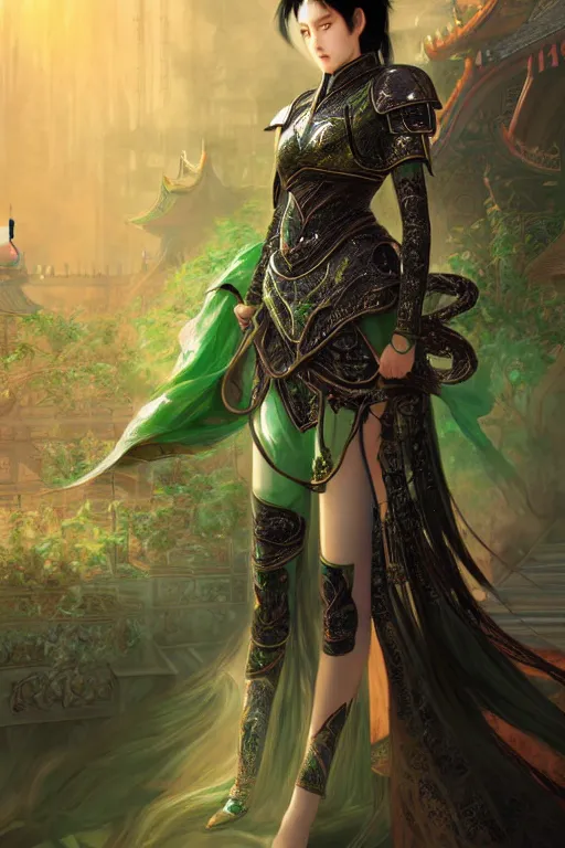 Image similar to portrait black hair young knights of Dynasty Warriors girl, metallic green armor, in ruin fire chinese palace sunrise, ssci-fi and fantasy, intricate and very beautiful and elegant, highly detailed, soft light, artstation, concept art, smooth and sharp focus, illustration, art by tian zi and WLOP and alphonse mucha
