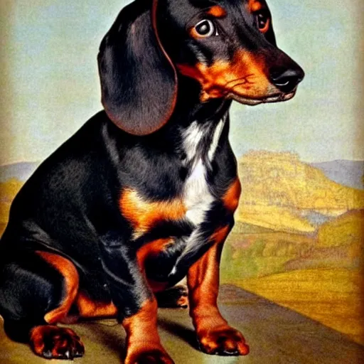 Prompt: black and brown dachshund sitting on top of a hill in the style of a davinci painting, matte painting, cartoon
