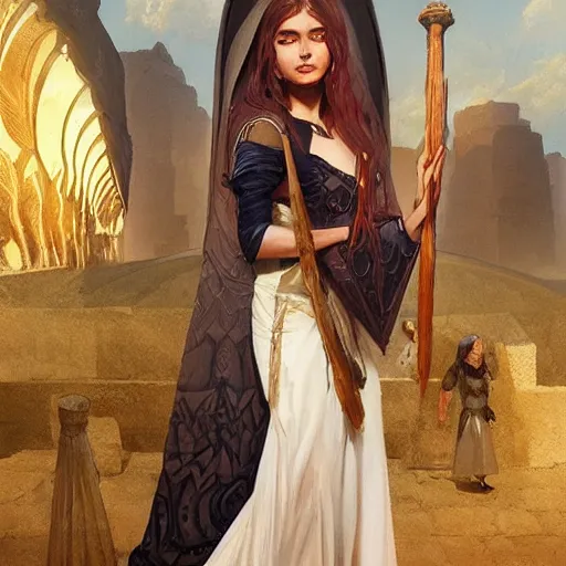 Image similar to A twenty year old Mesopotamian witch in training, in a major Mesopotamian city, highly detailed, digital painting, artstation, concept art, sharp focus, illustration, cinematic lighting, art by artgerm and greg rutkowski and alphonse mucha