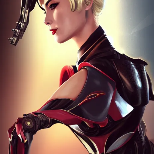 Image similar to A combination of Ada Wong's and Grace Kelly's and Ashley Greene's appearances with blonde hair wearing Warframe armor, high tech, action shot, angular, full body portrait, futuristic, dramatic, fantasy, intricate, elegant, highly detailed, digital painting, artstation, concept art, matte, sharp focus, illustration, 8K, art by Donato Giancola and James Gurney