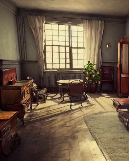 Prompt: artstation scifi scene of a shabby american room in 1 9 2 0 s, lounge furniture, large terrarium, beds, paneled walls, unreal engine 5, hyper realism, realistic shading, cinematic composition, blender render, octane render, hdr, detailed textures, photorealistic, wide shot