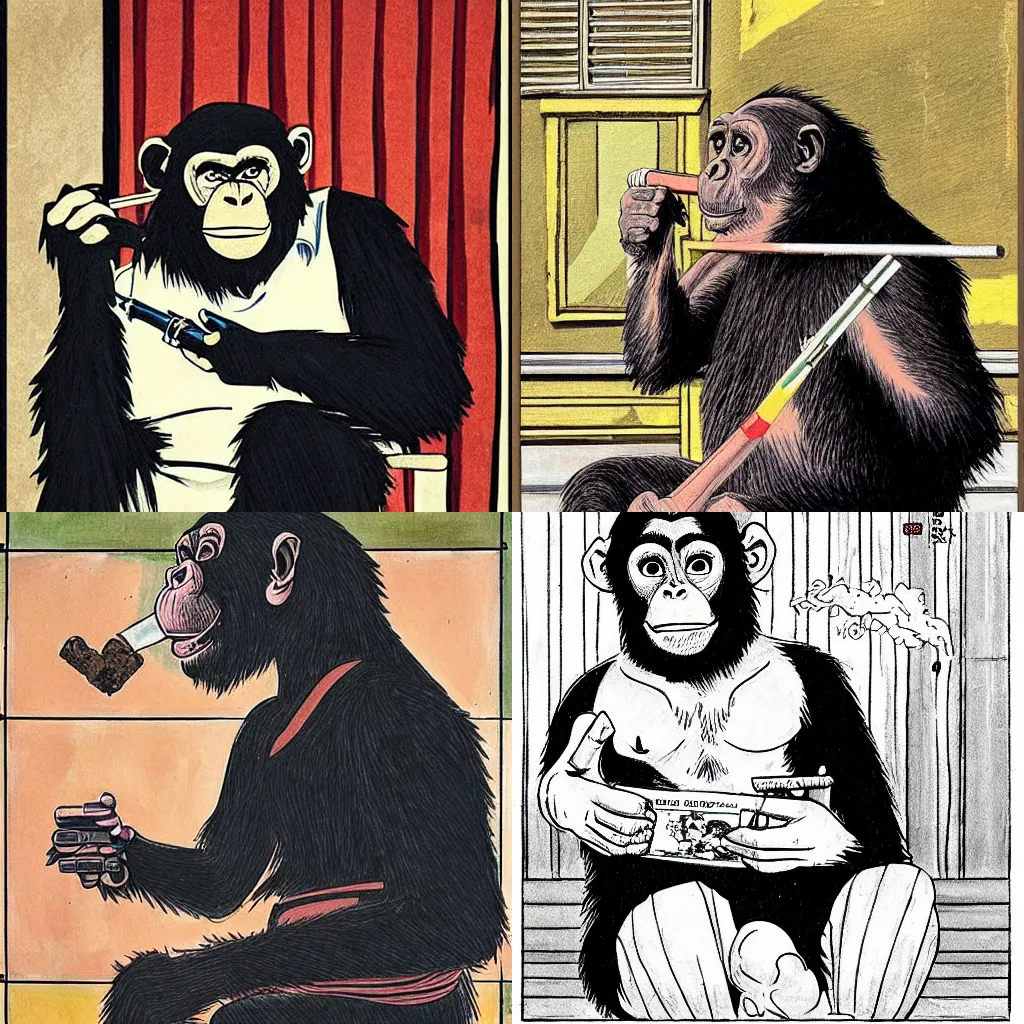 Prompt: a portrait of a Spanish chimpanzee smoking a pipe, manga panel, comic book art, beautiful masterpiece