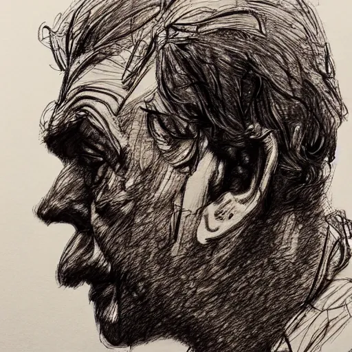 Image similar to a realistic yet scraggly portrait sketch of the side profile of a stern and sophisticated gigachad, trending on artstation, intricate details, in the style of frank auerbach, in the style of sergio aragones, in the style of martin ansin, in the style of david aja, in the style of mattias adolfsson