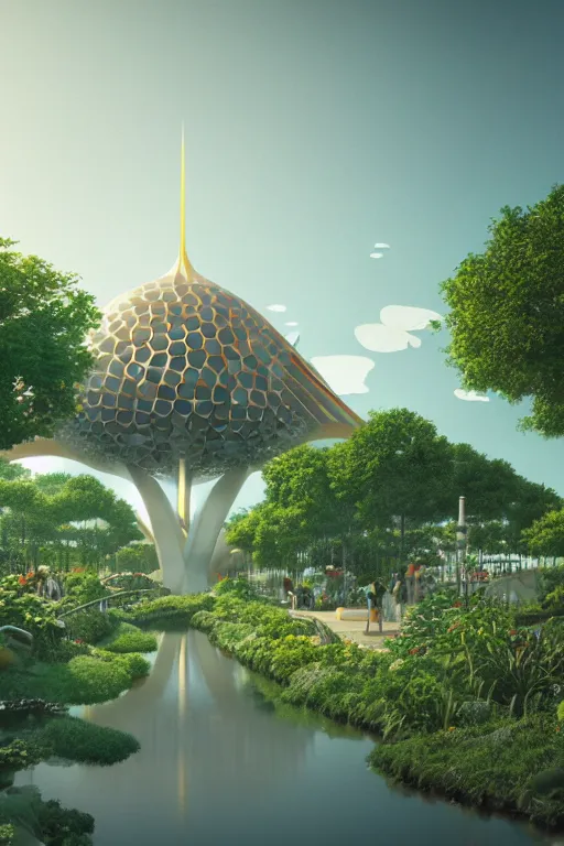 Image similar to expo 6 7 pavillion, solarpunk, studio ghibli, jean - baptiste monge, octane render, 4 k, symmetry