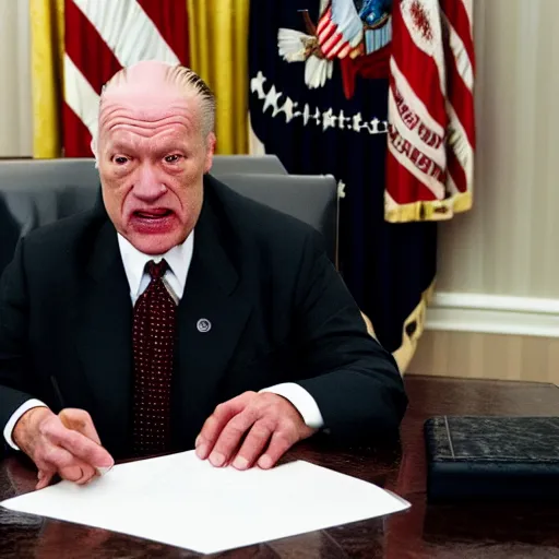 Image similar to president evil BOB from twin peaks in the oval office bright lighting high resolution, menacing atmosphere