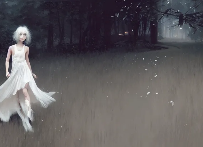 Image similar to white dress girl chasing from crazy grim reaper, messy hair, messy lines, scared face, beautiful and aesthetic and attractive, dramatic situation, specular reflection, occlusion shadow, intricate, bokeh, box office hit, masterpiece, by ilya kuvshinov and jeremy lipking and quentin mabille