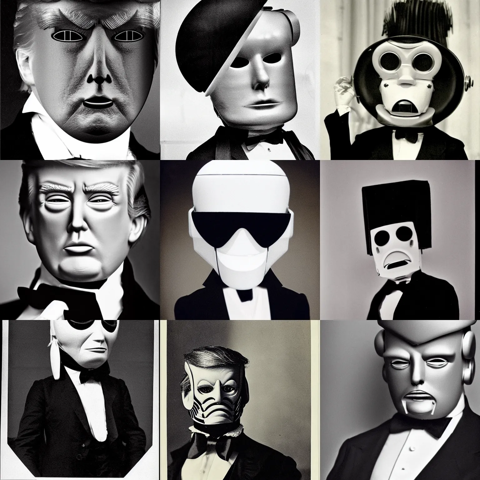 Prompt: Donald Trump, a anthropomorphic-robot cyber-face techno mask in black tie suit retro photo by Louis Daguerre