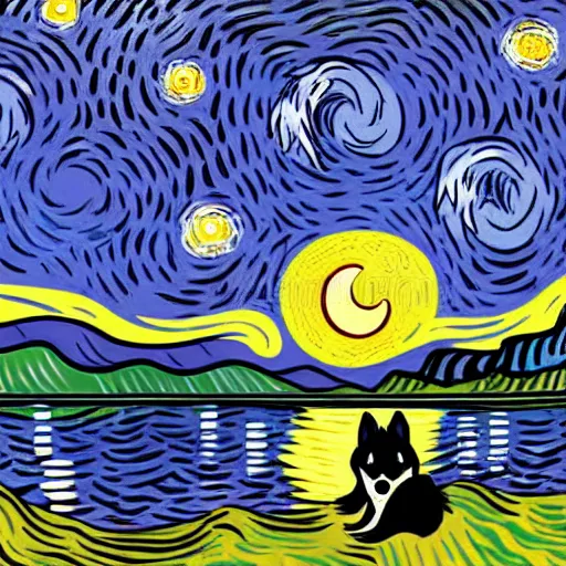 Prompt: view from behind of fluffy baby grey wolf sitting on the shore of a pond, looking out at a sunset, award winning illustration by vincent van gogh