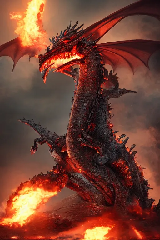 Image similar to a menacing ironclad dragon, breathing fire, highly detailed, 8 k