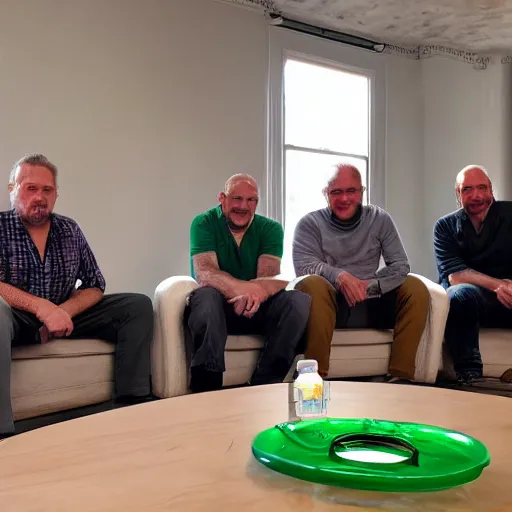 Prompt: 5 middle aged men sitting around a table with an empty green glass bottle in the center