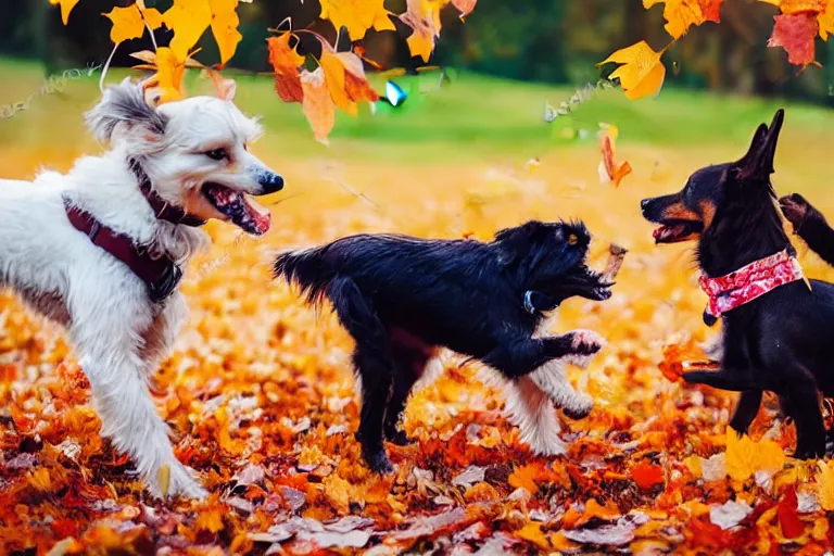 Image similar to dogs playing in autumn leaves