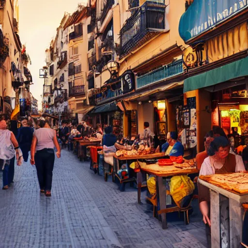 Image similar to a busy side street in valencia, people outside eating meals, taverns nighttime lifestyle, photorealistic