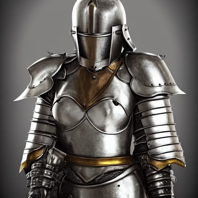 Prompt: perfectly centered close up portrait of a female knight in full body armor, candid photography, by anne stokes, updo, highly detailed, unreal engine 5