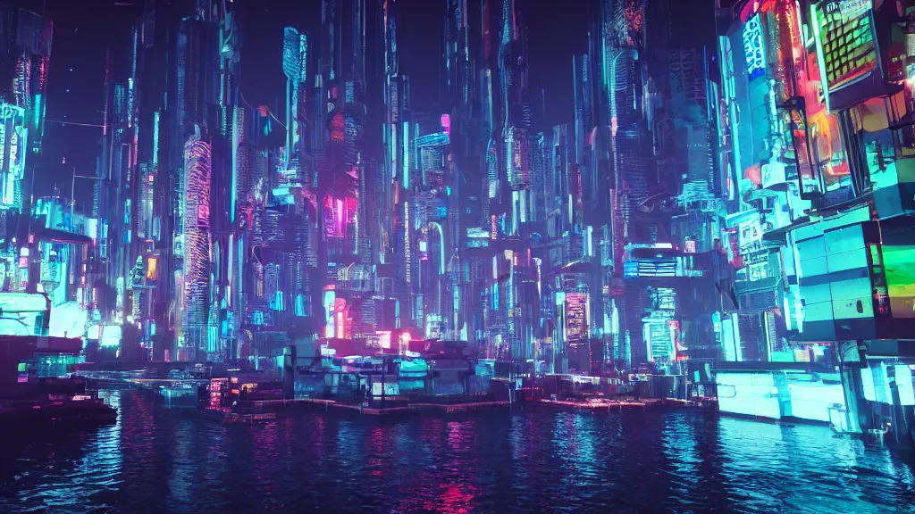 Image similar to cyberpunk city built underwater, submerged, nighttime, fluorescent led, made in blender, octane render, cinematic, volumetric lighting, futuristic,, hyperrealistic, highly detailed, colourful 4 k hd