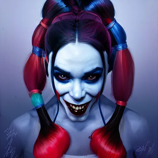 Image similar to Harley Quinn but she's a beautiful ape kid with long pony tails on either side of her head, mayhem, illustration, by James Jean, artgerm, octane render, by John Coltrane and Marc Simonetti, Manic, inspired by Greg rutkowski, colorful, high detail of the face, full body