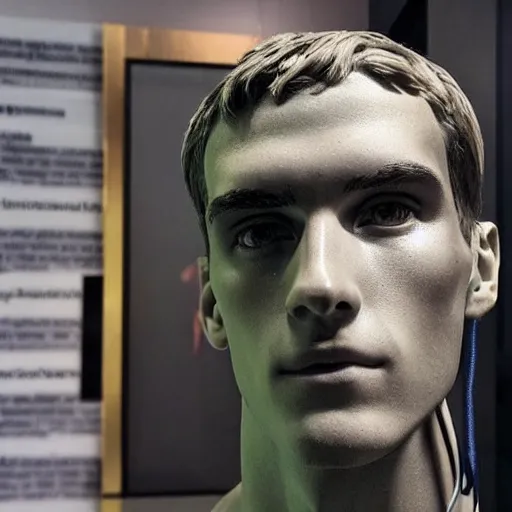 Image similar to “ a realistic detailed photo of a guy who is an attractive humanoid who is half robot and half humanoid, who is a male android, soccer player antoine griezmann, shiny skin, posing like a statue, blank stare, at the museum, on display ”