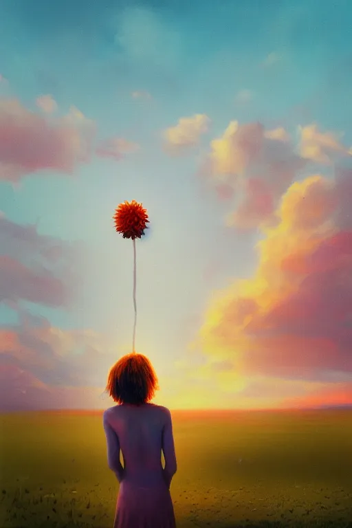 Image similar to closeup giant dahlia flower head, girl standing on beach, surreal photography, blue sky, sunrise, dramatic light, impressionist painting, digital painting, artstation, simon stalenhag