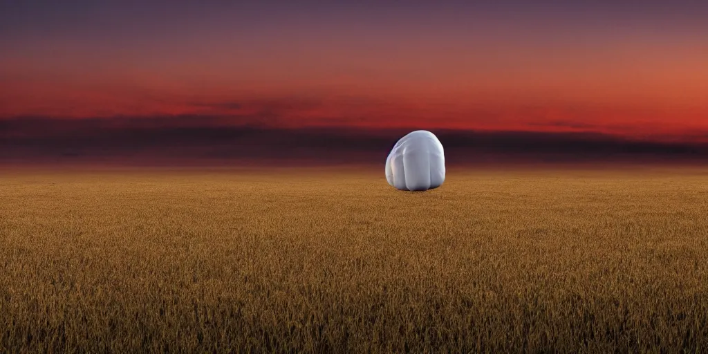 Image similar to a giant floating human ear above a field at dawn