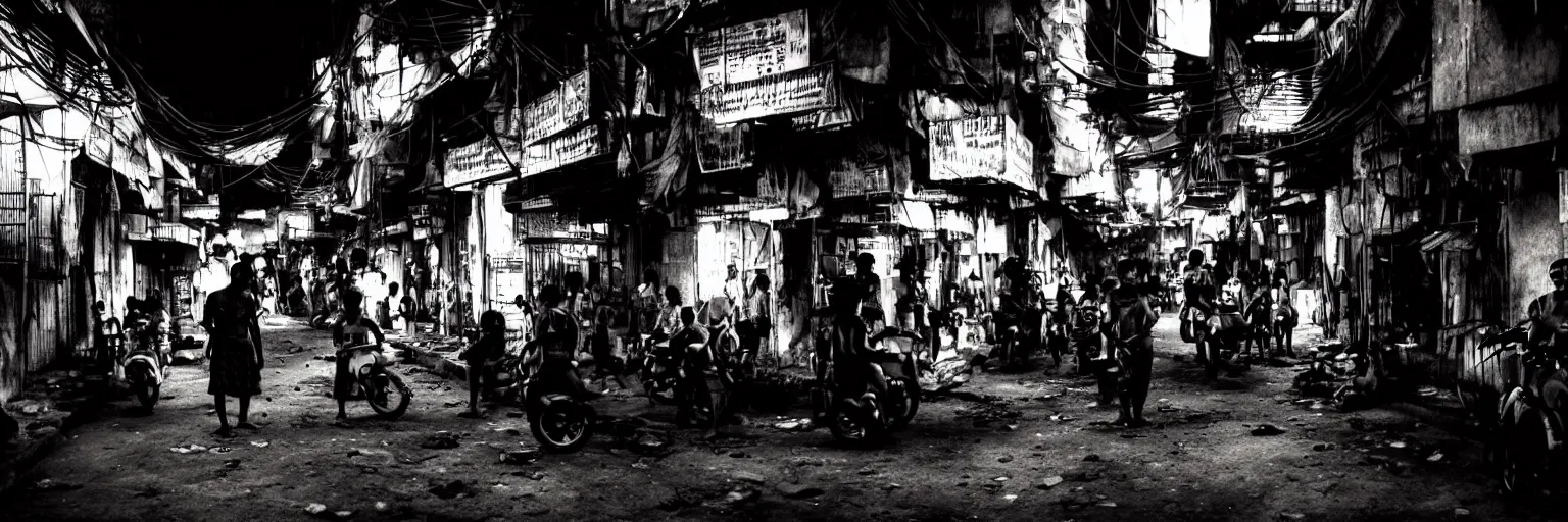 Image similar to Cyberpunk Slums Mafia gangs , futuristic Phnom-Penh Cambodia, neon dark lighting