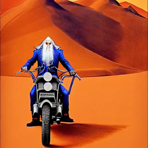 Image similar to dieselpunk Gandalf is riding an oversized motorcycle through a gigantic desert with high dunes, it is dawn, the sky is red, colored pencils, hyper realistic, hyper detailed, by Yves klein