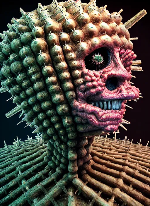 Image similar to hyper detailed 3d render like an Oil painting - Pinhead (Cenobite - Hellraiser) seen Eating of the Strangling network of yellowcake aerochrome and milky Fruit and Her delicate Hands hold of gossamer polyp blossoms bring iridescent fungal flowers whose spores black the foolish stars by Jacek Yerka, Mariusz Lewandowski, Houdini algorithmic generative render, Abstract brush strokes, Masterpiece, Edward Hopper and James Gilleard, Zdzislaw Beksinski, Mark Ryden, Wolfgang Lettl, hints of Yayoi Kasuma, octane render, 8k