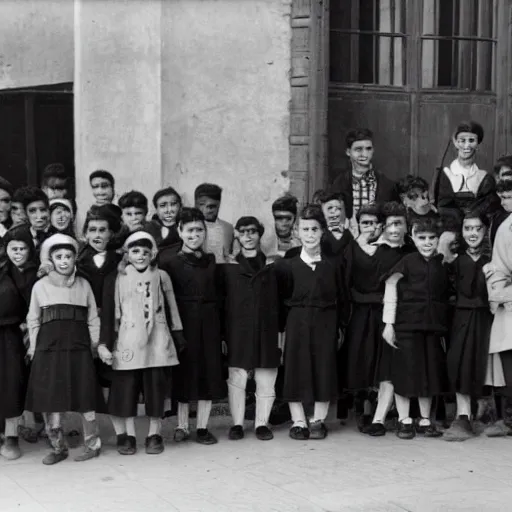 Image similar to black and white image of a group of scholars entering school genova