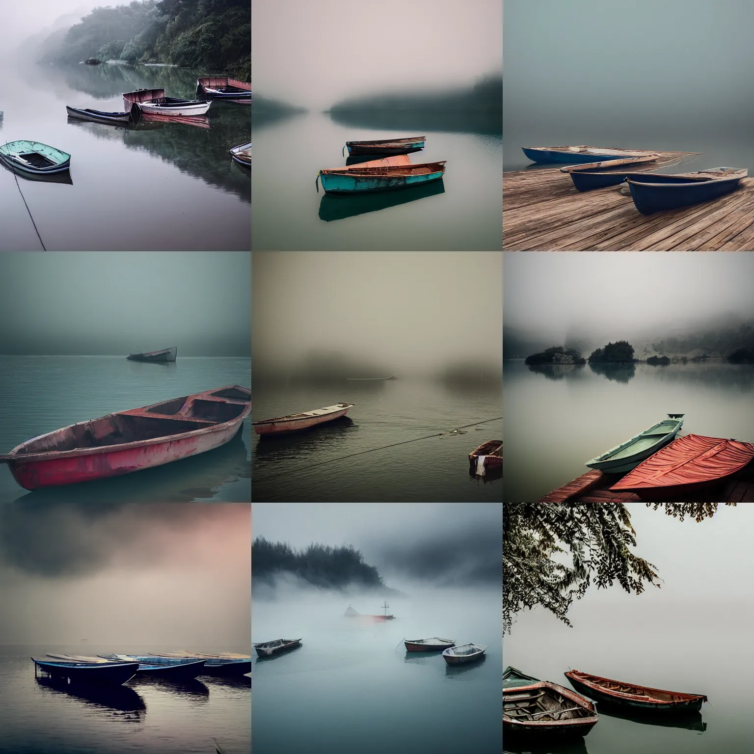 Prompt: some boats sitting on the side of a large body of water, a matte painting by Elsa Bleda, flickr contest winner, photorealism, mist, soft mist, atmospheric